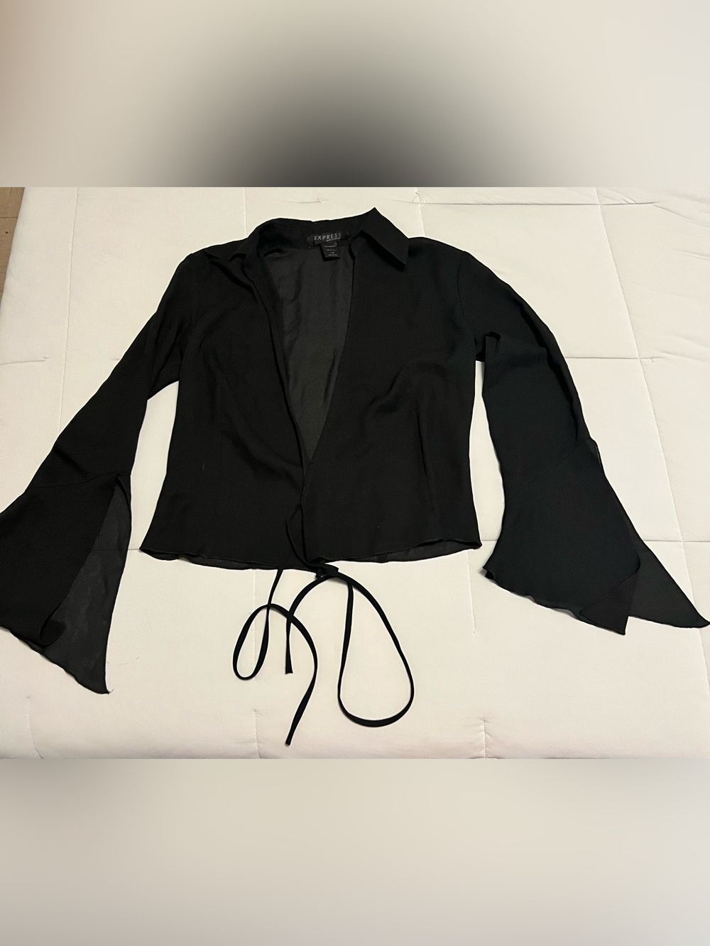 Vintage 90s Express World Brand Black Tie Front Bell Sleeve Top Sz 1/2 Y2K